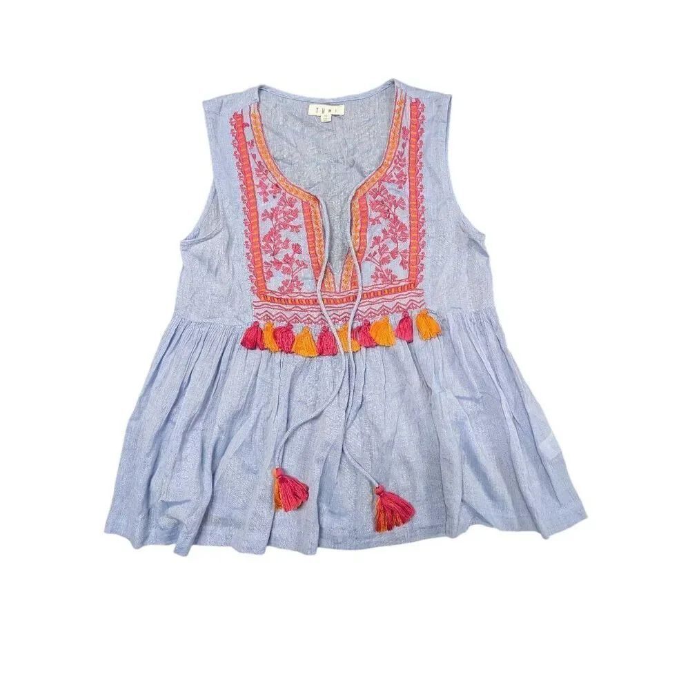 THML Embroidered Blue Chambray Tank Top Size XS